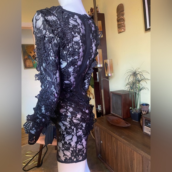 Lace black gothic elegant dark floral appliqué cocktail sexy vamp dress prom - Picture 5 of 6